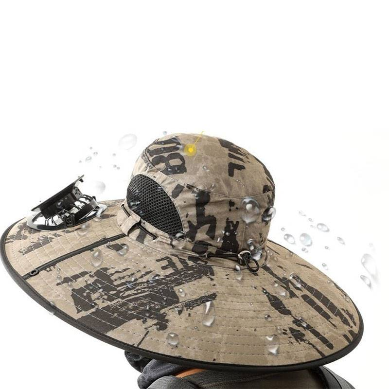Cappello rinfrescante ad energia solare con tesa larga - Cappello solare ricaricabile per uomo, impermeabile e con ventola silenziosa per escursionismo, pesca e avventure all'aria aperta_voghion.com