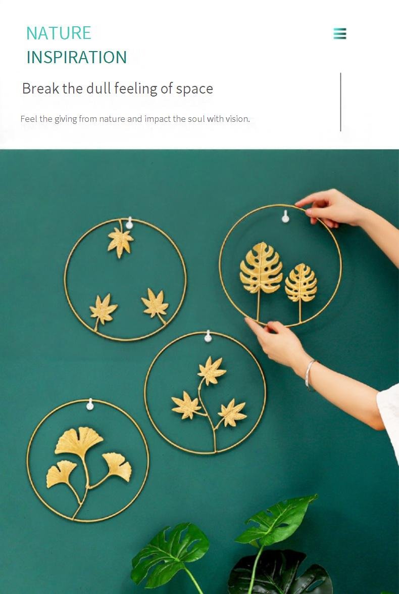 Set di decorazioni da parete in metallo, moderno motivo a foglia di ginkgo e foglia di palma in ferro battuto per soggiorno, camera da letto, studio - finitura oro, arredamento minimalista per la casa._voghion.com