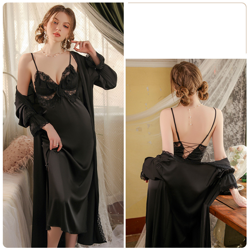 Underwear & Sleepwears Elegant Plus Size Loungewear Set - Satin V-Neck Sleep Dress With Padded Bralette & Slit Robe, Adjustable Belt, Comfortable_voghion.com
