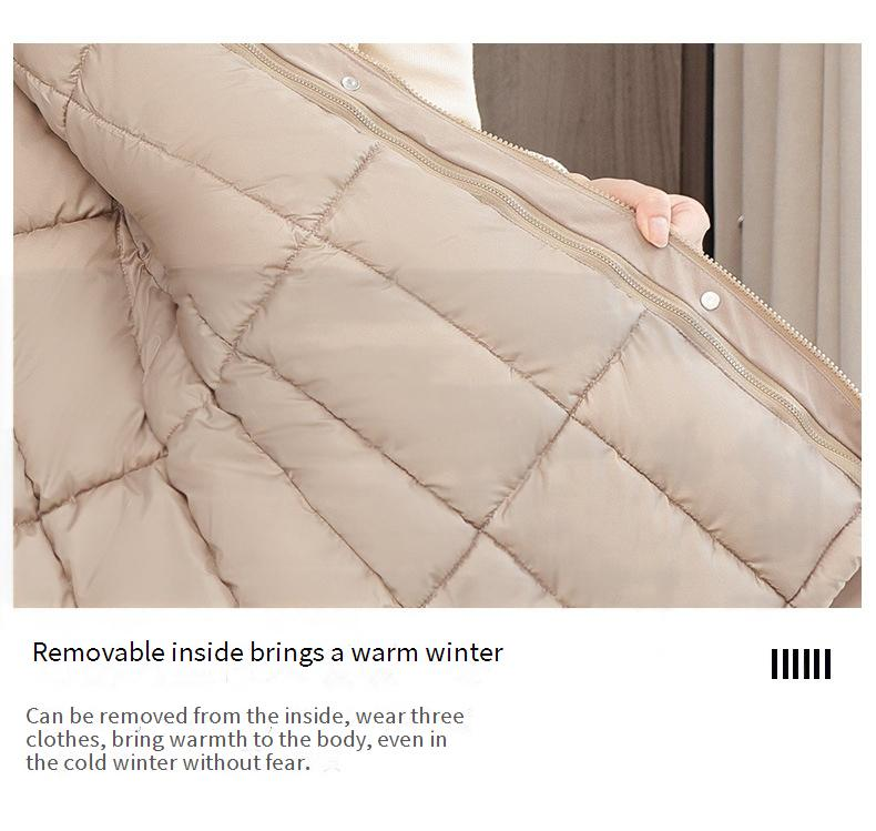 Women's Parka Coat With Detachable Faux Fur Hood, Mid-Length Winter Jacket For Ladies, Warm Quilted Polyester Outerwear With Rabbit Fur Trim_voghion.com