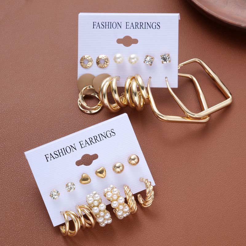 Earring Sets New Square Three Tube Imitation Pearl Earring Set, 12 Piece Set, Creative Retro Geometric Ear Hoops_voghion.com