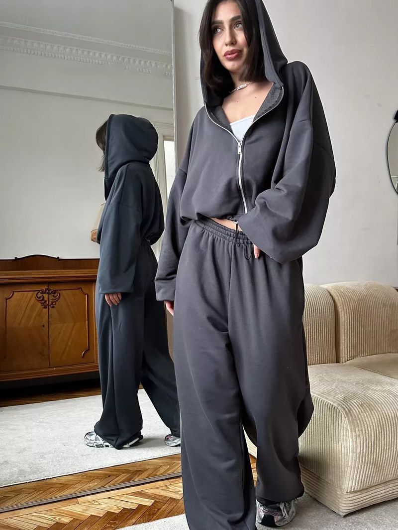 Women's Casual Solid Color Long Sleeve Zipper Cardigan Drawstring Hoodie Sweatshirt Elastic Pants Two-Piece Set_voghion.com