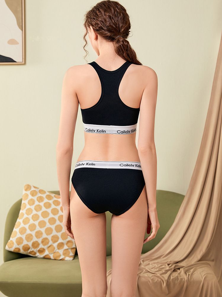 Conjunto de sutiã esportivo e calcinha femininos – Sutiã bralette de algodão com suporte e calcinha triangular (decote em V e decote redondo) – Macio e sem aro – 3 cores e 3 tamanhos_voghion.com