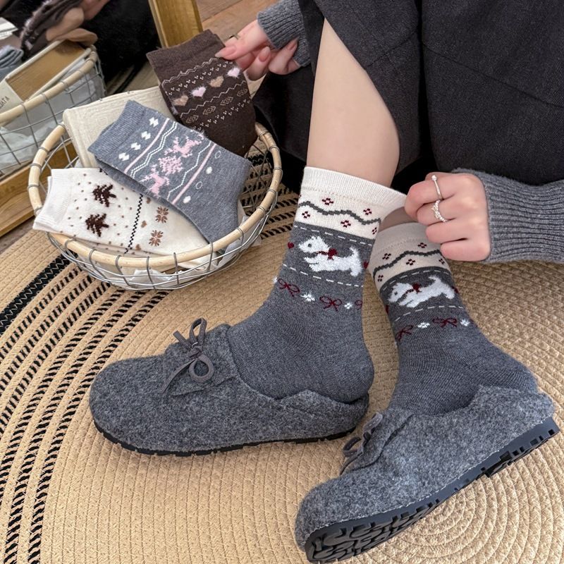 Lillian Herbst Winter New Fair Ile Dreidimensionaler Jacquard Koreanischer Stil Warm Mid-Calf Damen Retro Verdickt Weihnachten_voghion.com