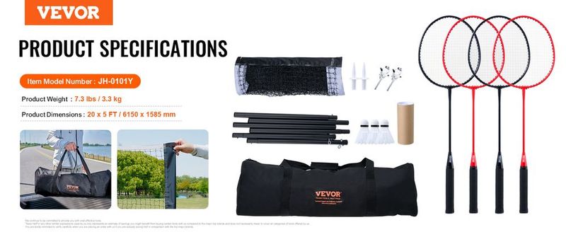 VEVOR Badminton Net Set, Outdoor Backyard Beach Park Badminton Net, Portable Badminton Equipment Set, Adults Kids Badminton Net With Poles, Carrying Bag, 4 Iron Rackets, And 3 Nylon Shuttlecocks_voghion.com