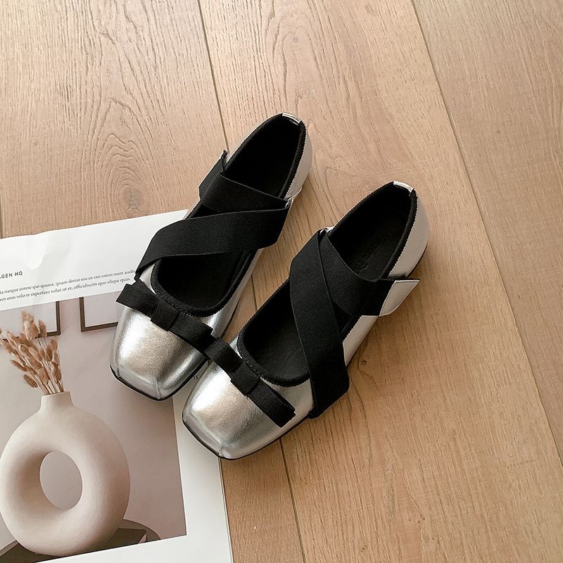 Genuine Leather Ballet For Women 2025 Spring Summer Cross Strap British Style Square Toe Bowknot Mary Jane Single Shoes_voghion.com