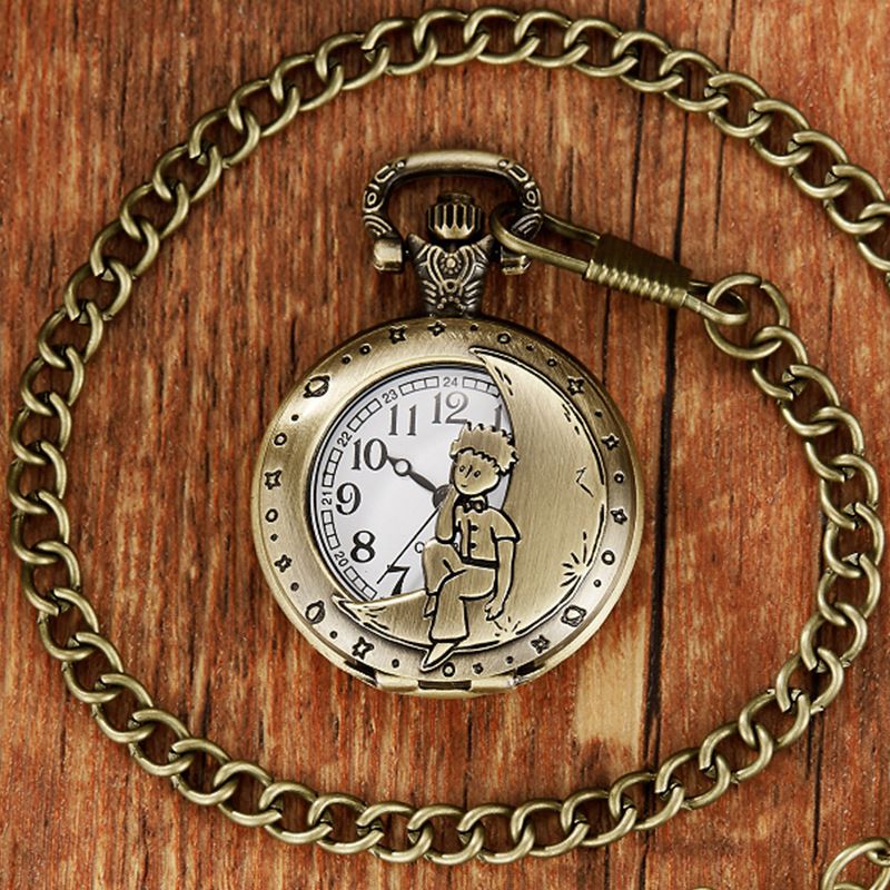 Hot Selling Flip Cover Antique Bronze Color Two-Dimensional Moon Boy Semi-Transparent Classic Large Quartz Pocket Watch_voghion.com
