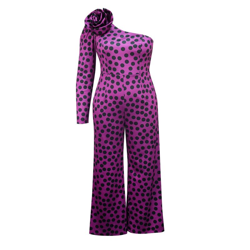 Polka Dot One Shoulder Slant Collar Jumpsuit Plus Size Three-Dimensional Flower Women's Jumpsuits_voghion.com