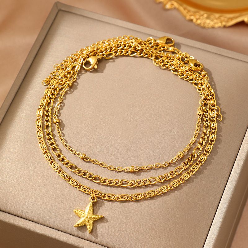 Hot Selling Fashion Simple Beach Casual Style Starfish Gold Chain 3-Piece Combination Anklet Set_voghion.com
