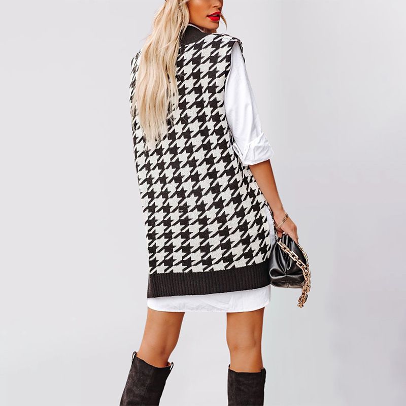 Damen Lockerer V-Ausschnitt Thousand Bird Grid Strickpullover Ärmellose Weste Weste_voghion.com