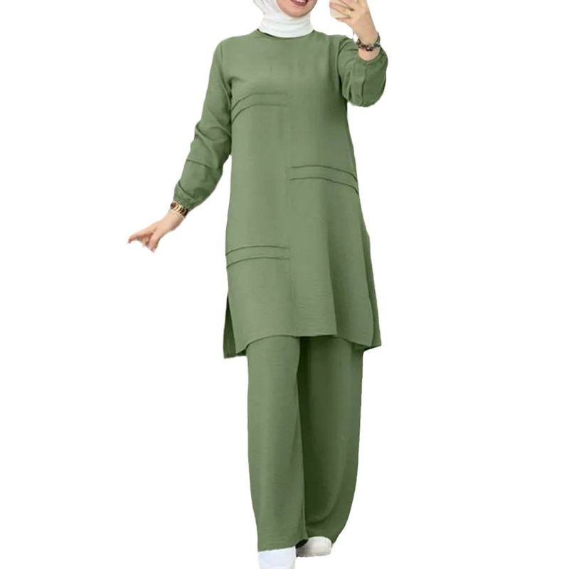 Abbigliamento sportivo da donna in due pezzi, elegante, con camicia a maniche lunghe e pantaloni a gamba larga_voghion.com