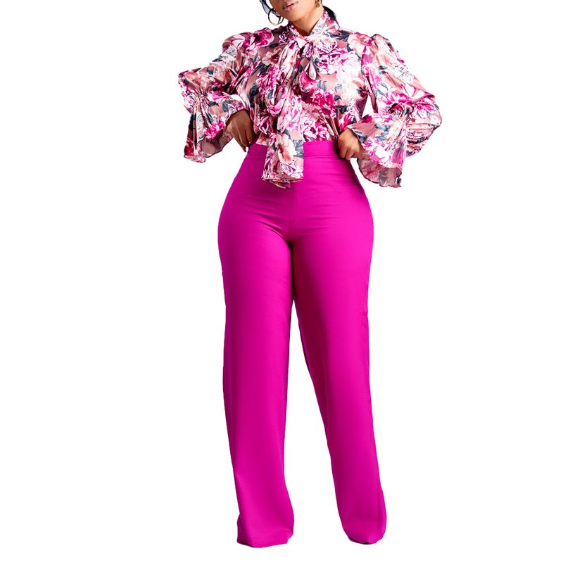 D316 European and American Women's 2022 Autumn and Winter Loose Large Size Casual Printed Long-sleeved Shirt Wide-leg Pants Cross-border Two-piece Set_voghion.com