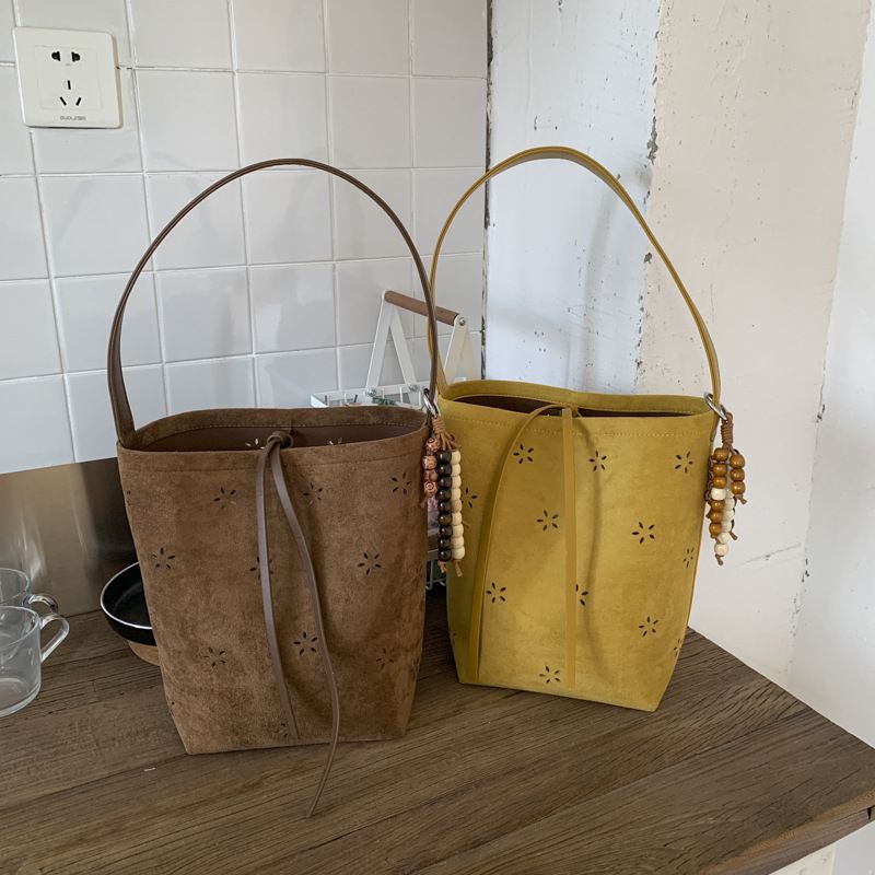 Borsa a secchiello in pelle scamosciata di grande capacità, stile coreano, elegante, da donna, nuova, 2025, con tracolla singola_voghion.com