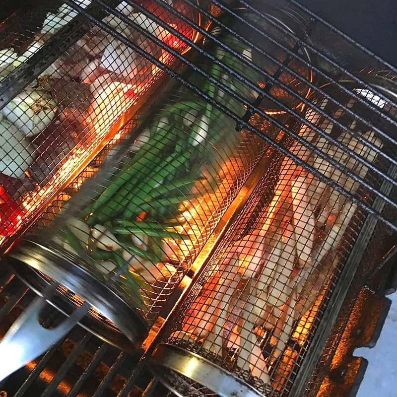 Cestino per barbecue portatile - Gabbia per barbecue rotonda per affumicare all'aperto, rete per barbecue a tamburo rotante, perfetta per cucinare e grigliare all'aperto_voghion.com
