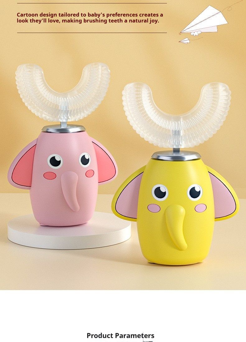 Cepillo de dientes eléctrico infantil en forma de U: 3 modos, limpieza de 360°, cerdas suaves de silicona, silencioso (36 dB), recargable, diseño de elefante (con pasta de dientes)_voghion.com