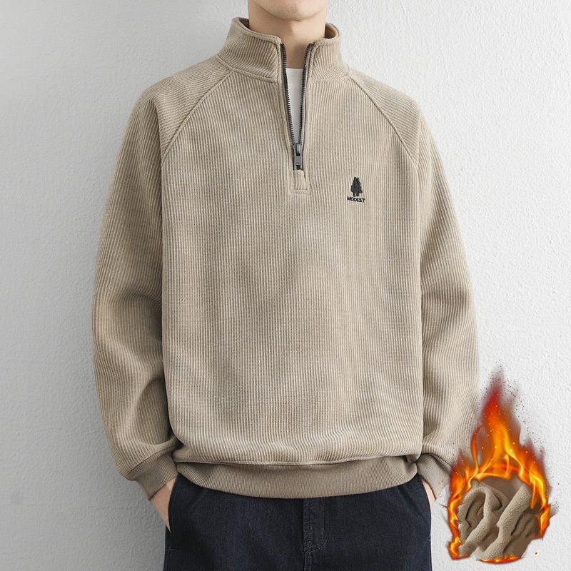 Herren-Sweatshirt mit Fleecefutter und halbem Reißverschluss – Koreanischer Streetwear-Stil mit minimalistischer Baumstickerei (Beige/Khaki/Schwarz, Größen M-4XL)_voghion.com