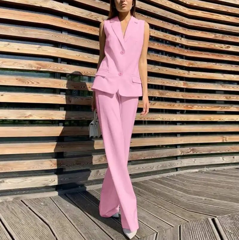 Kadın Giyim Moda Takım Elbise Yaka Yelek Yelek Geniş Paça Pantolon Günlük Takım Elbise_voghion.com