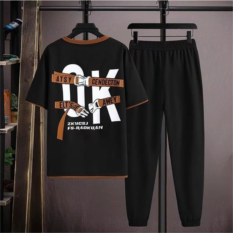 2025 Outfit estivo da uomo, per ragazzi, con maglietta a maniche corte, pantaloni sportivi, casual, studenti, eleganti, set da due pezzi alla moda_voghion.com