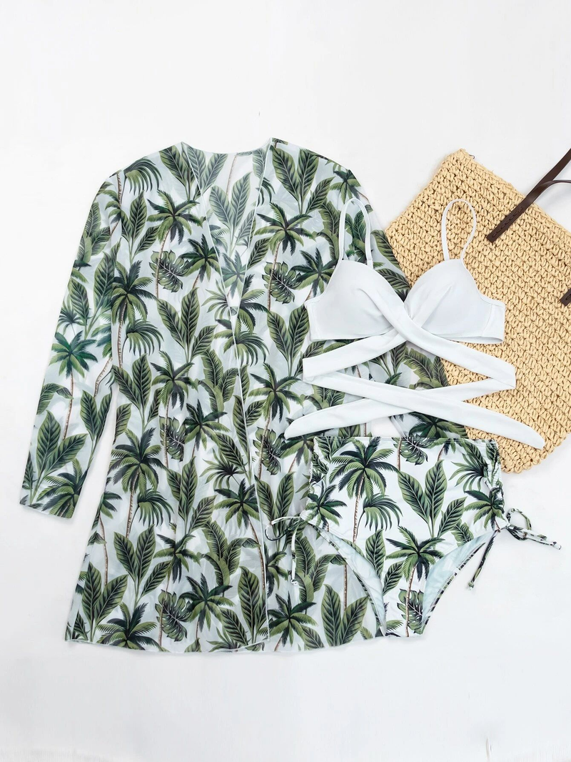 Dameskleding Bikini Sexy Geplooide Mesh Driedelige Print Split Badpak Vrouwelijk_voghion.com