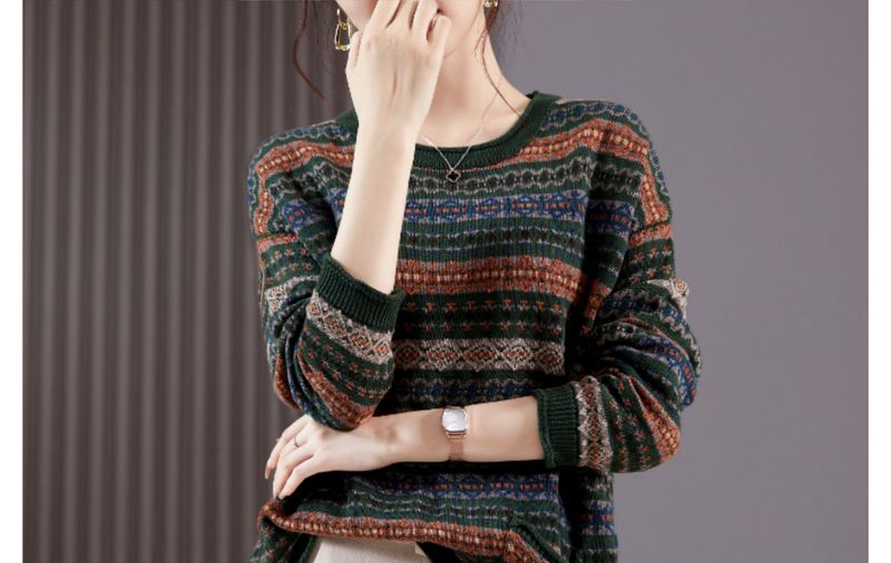Pull ample à manches longues et col en V pour femme, couleur mixte, style décontracté, rayé, automne 2024_voghion.com