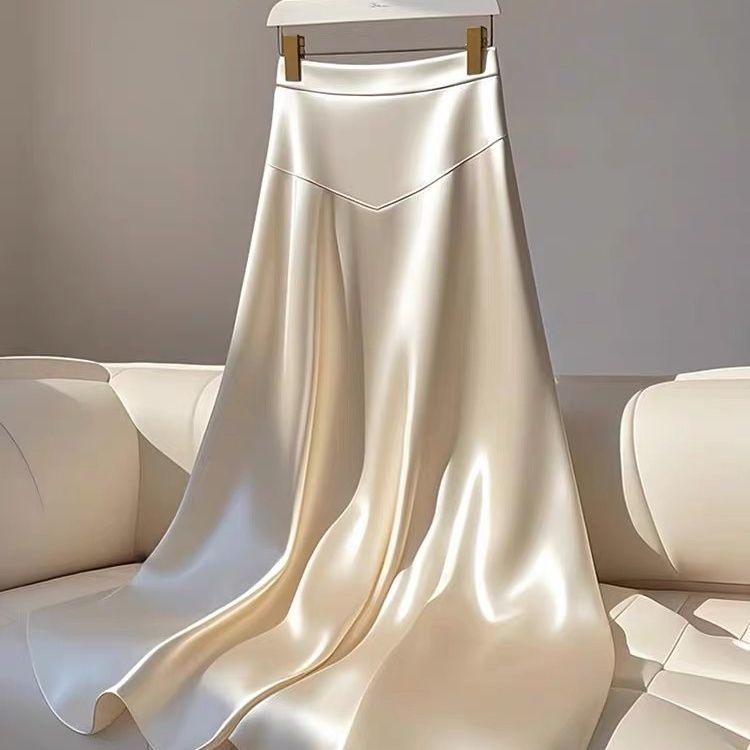 Gonna midi in raso bianco elegante in stile francese Hepburn di ChicShe per donna, primavera_voghion.com