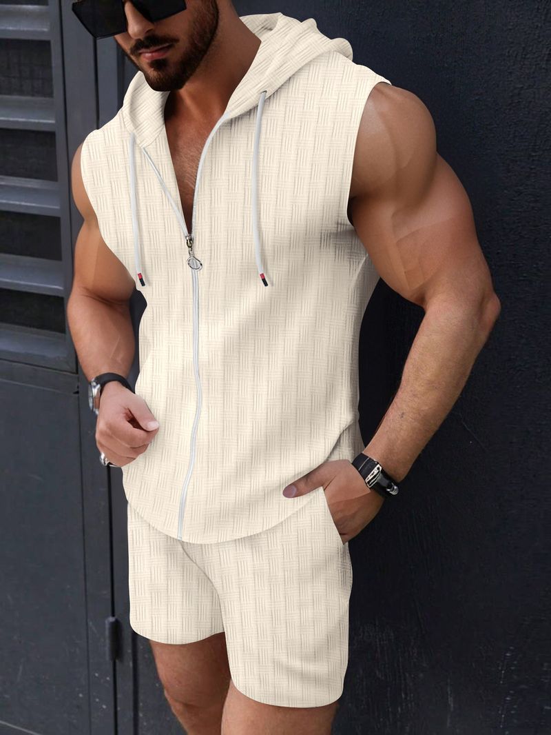 Men's Clothing New Fashion Men's Hooded Suit Zipper T Shirt Plaid Sleeveless Vest Shorts Men's Casual Two Piece Suit_voghion.com