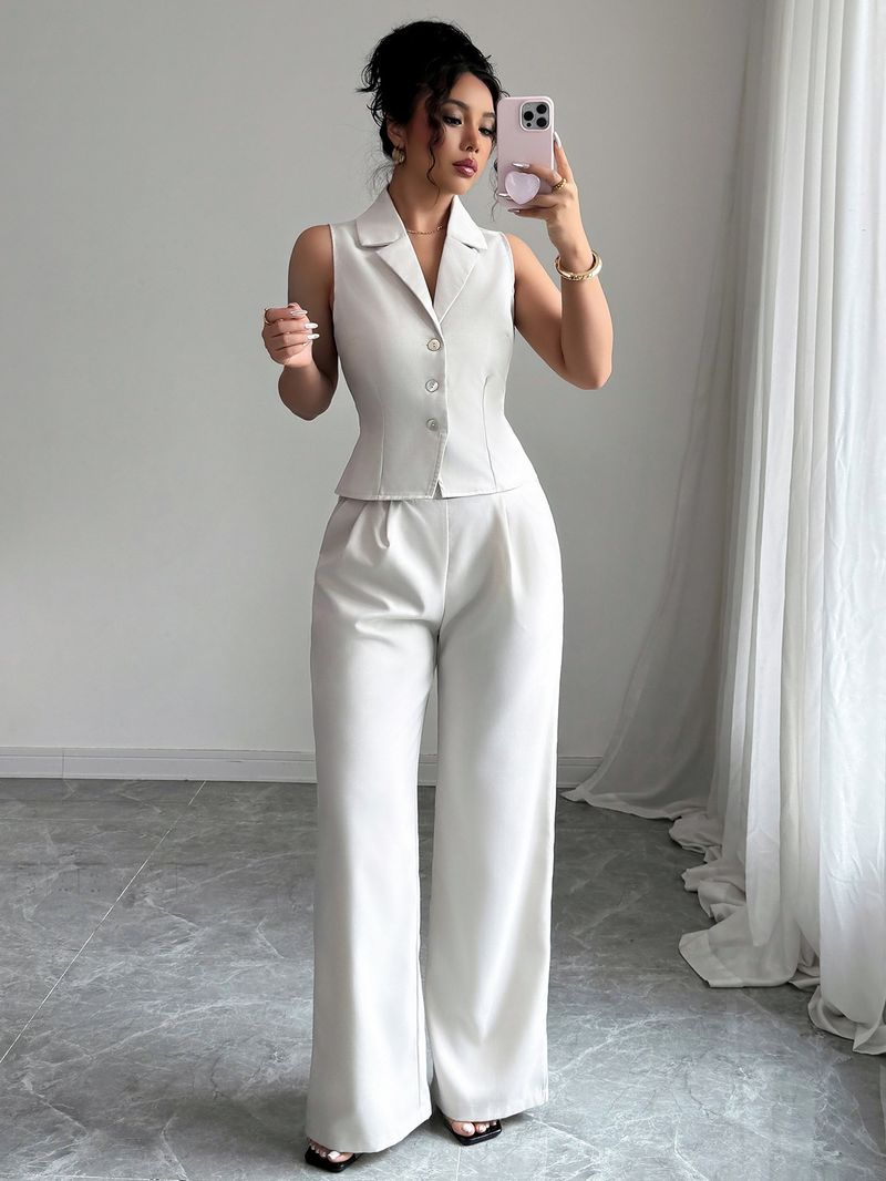 Damenbekleidung Urlaubsstil Knopfweste Hose Zweiteiliger Anzug_voghion.com