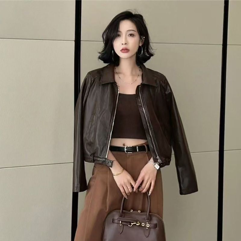 Veste courte en cuir ample à col rabattu pour femme, style haut de gamme, nouvelle collection 2025_voghion.com