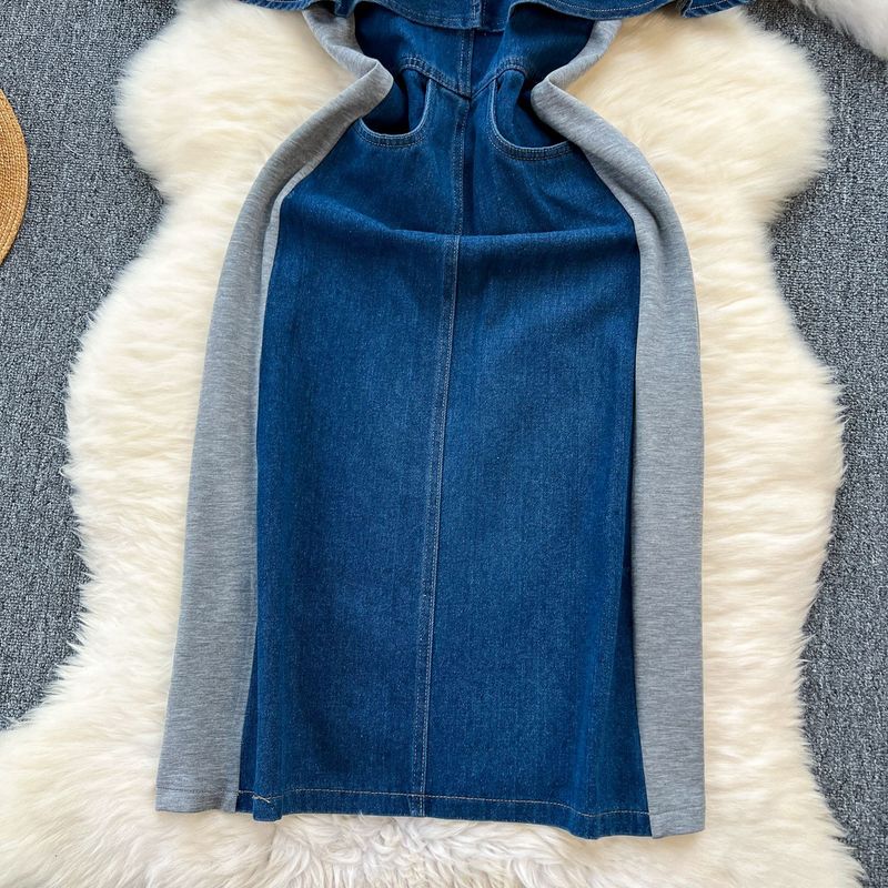 Nischen-High-End-Zweiteiler-Spleißen-Jeanskleid für Frauen Koreanische Version des Retro-Temperaments mit gerüschter Taille_voghion.com