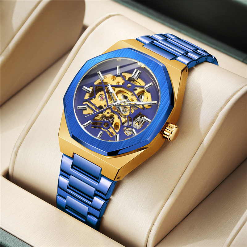 Vollautomatische mechanische Herrenuhr mit Schwungrad, skelettiertem Zifferblatt und polygonaler Business-Armbanduhr_voghion.com