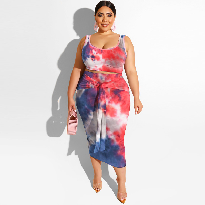 20778 Zomer nieuwe tie-dye print strakke wrap hippe mode casual set dames plus size tweedelige set_voghion.com