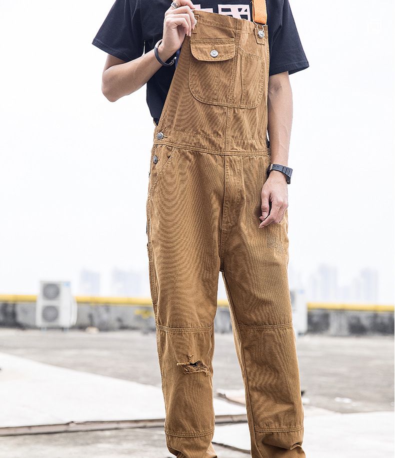 Man's clothing Men's denim overalls couple ripped loose straight jumpsuit wide leg overalls suspenders ins Daddy pants_voghion.com