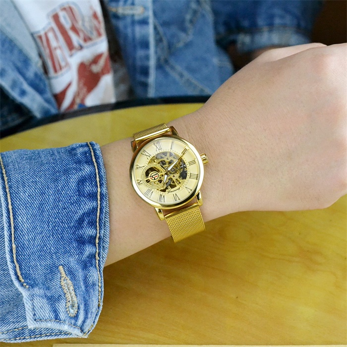 Men's vintage mechanical watch double hollowed manual leisure mechanical watch waterproof steel band glow-in-the-dark watch_voghion.com