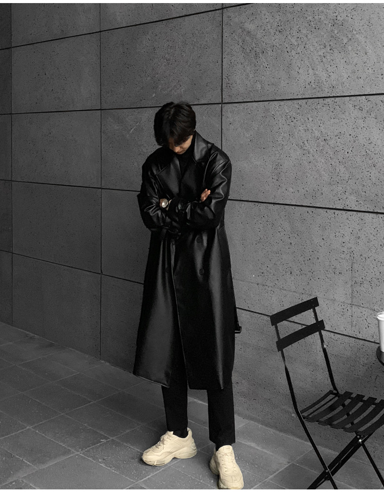 Roupas masculinas cor sólida casaco longo de couro casaco solto trench coat fashion casaco_voghion.com