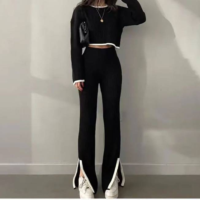 Dameskleding modieus temperament pak contrasterende kleur gebreide top + broek tweedelige trui set_voghion.com