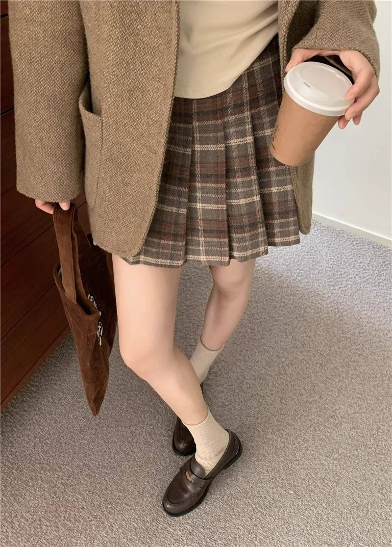 Jupe plissée femme nouvelle mode automne et hiver jupe à carreaux avec laine grande taille et taille haute une ligne courte culotte_voghion.com