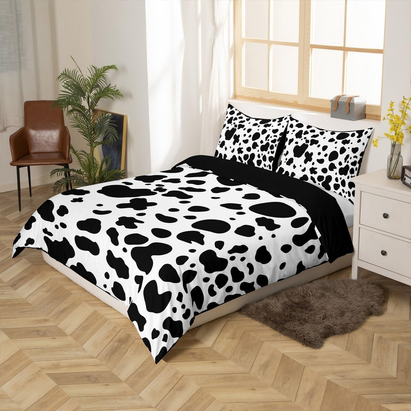 Set copripiumino con stampa di mucca in bianco e nero, per lettino, per ragazzi, con stampa di mucca da latte, copripiumino con stampa animalier e 2 federe, set per letti in stile fattoria._voghion.com