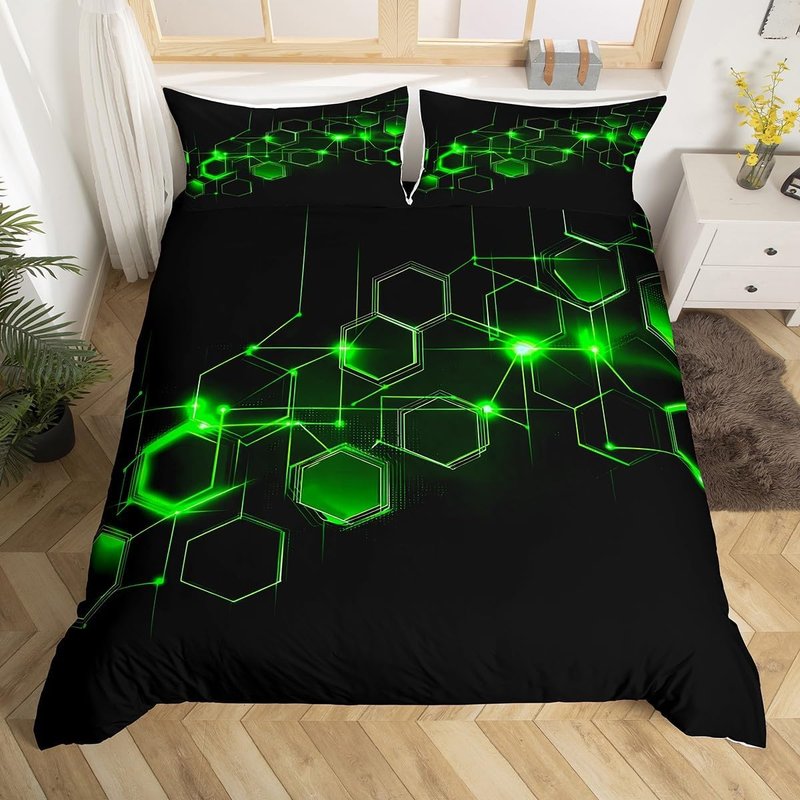 Set copripiumino a nido d'ape matrimoniale per bambini, ragazzi e adolescenti, con motivo esagonale verde, copripiumino geometrico a nido d'ape e 2 federe._voghion.com