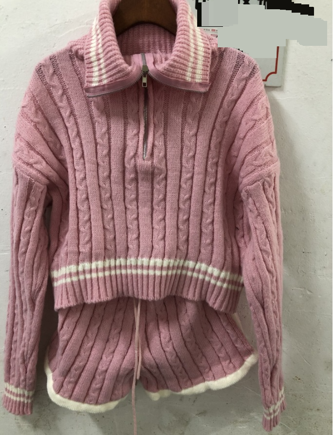 "Women's Wool Knit Sweater & Shorts Set - Winter Warm Two-Piece Outfit With Zipper, Soft & Stylish (White, Pink, Navy Blue, One Size)"_voghion.com