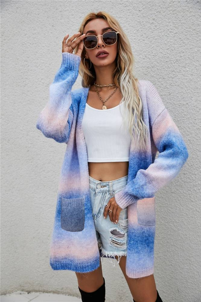Women's Rainbow Tie-Dye Longline Cardigan Sweater - Oversized Boho Knit Open Front Coat With Batwing Sleeves_voghion.com