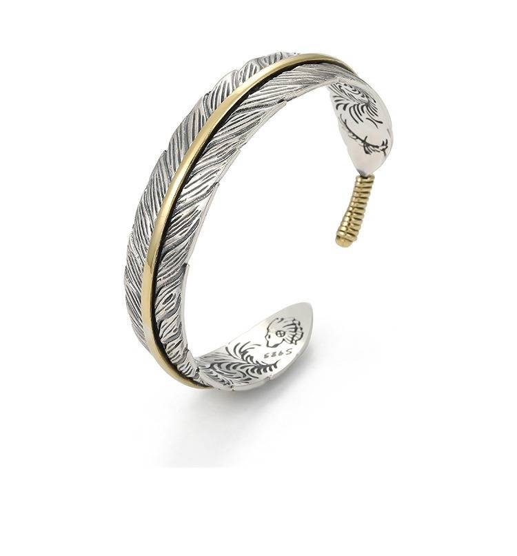 Men's Jewelry Vintage Feather Bracelet With Engraved Arabesque Pattern, Adjustable Open Cuff Bangle For Casual & Formal Wear_voghion.com
