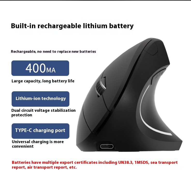 Ergonomic Vertical Wireless Mouse – Rechargeable 2.4G Silent Office Mouse With 6 Buttons, 1600DPI Adjustable (Black)_voghion.com