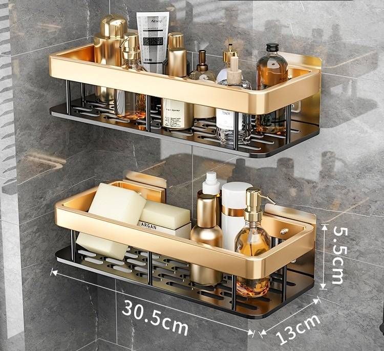 Gunmetal Gray Square Bathroom Wall Shelf – Double Layer No Rod, Heavy-Duty Aluminum, No Drill Bathroom Organizer For Toiletries, Cosmetics_voghion.com