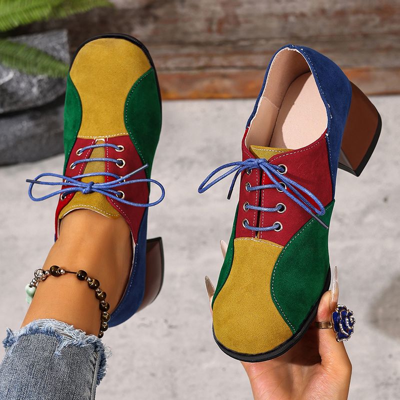 Women's High-heeled Casual Shoes With Color-blocking Design, Artistic And Retro Style, Lace-up Style Women's Shoes_voghion.com