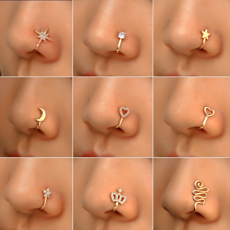 Anello a forma di U con corona a forma di cuore a forma di stella intarsiata in rame senza clip, accessorio per il naso non perforato, decorazione con foratura_voghion.com