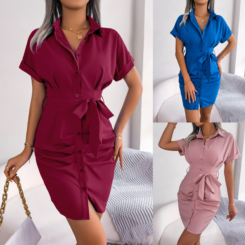 INS Style Summer Casual Tinta unita Maniche a pipistrello Gonna a camicia piegata in vita per donna_voghion.com