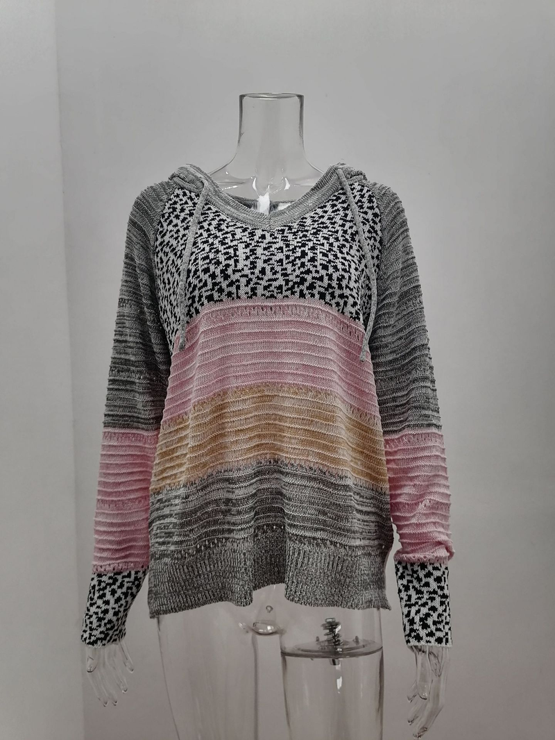 Roupas femininas New Wish Outono e Inverno Listrado Com Capuz Suéter Estampa Leopardo_voghion.com