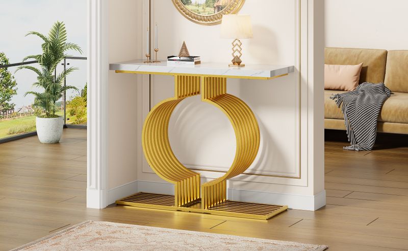 Table basse moderne minimaliste blanche brillante 100 x 35 x 80 cm, table d'appoint de salon avec pieds dorés, console, configuration double._voghion.com