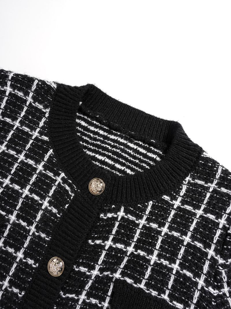 Grobstrick-Cardigan für Damen – Oversize-Langarm-Coatigan mit Knopfleiste und klassischem Karomuster (XS-XL, Schwarz-Weiß, Retro & Elegant)_voghion.com