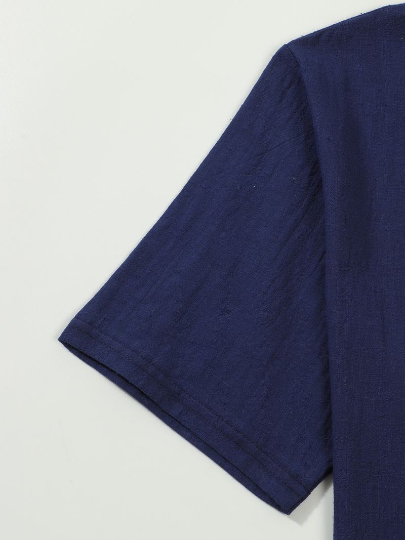 Camicia da uomo a maniche corte in lino e cotone – Collo alto traspirante, vestibilità comoda, casual (S-XXXL, blu navy/bianco/albicocca)_voghion.com